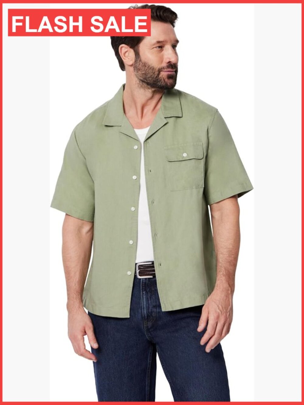 Men's Relaxed-Fit Short Sleeve Linen Blend Button Down Shirt Size L